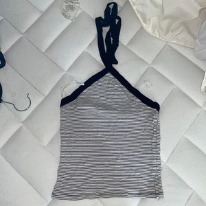 Halter neck tie black and white striped crop top
